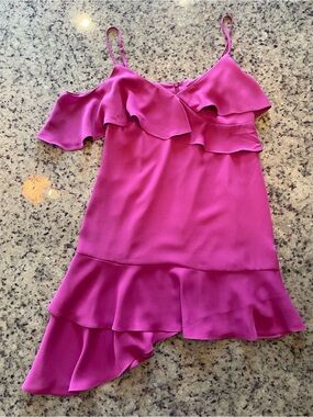 New BCBG Ruffled Cold-Shoulder asymmetric Spaghetti Strap Dress in Magenta 4